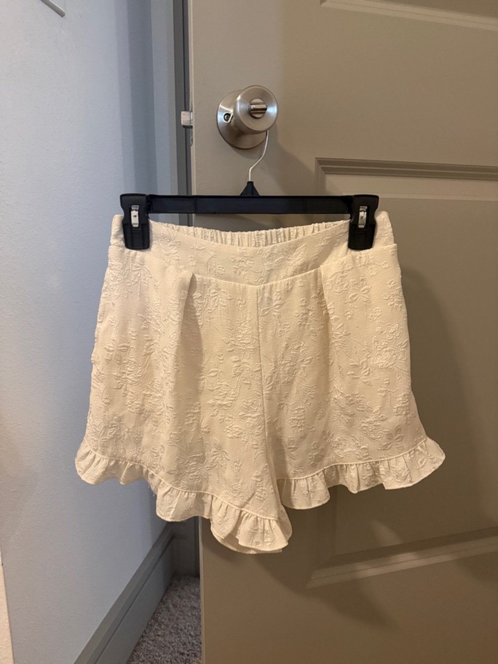 White Embroidered Ruffle Hem Shorts